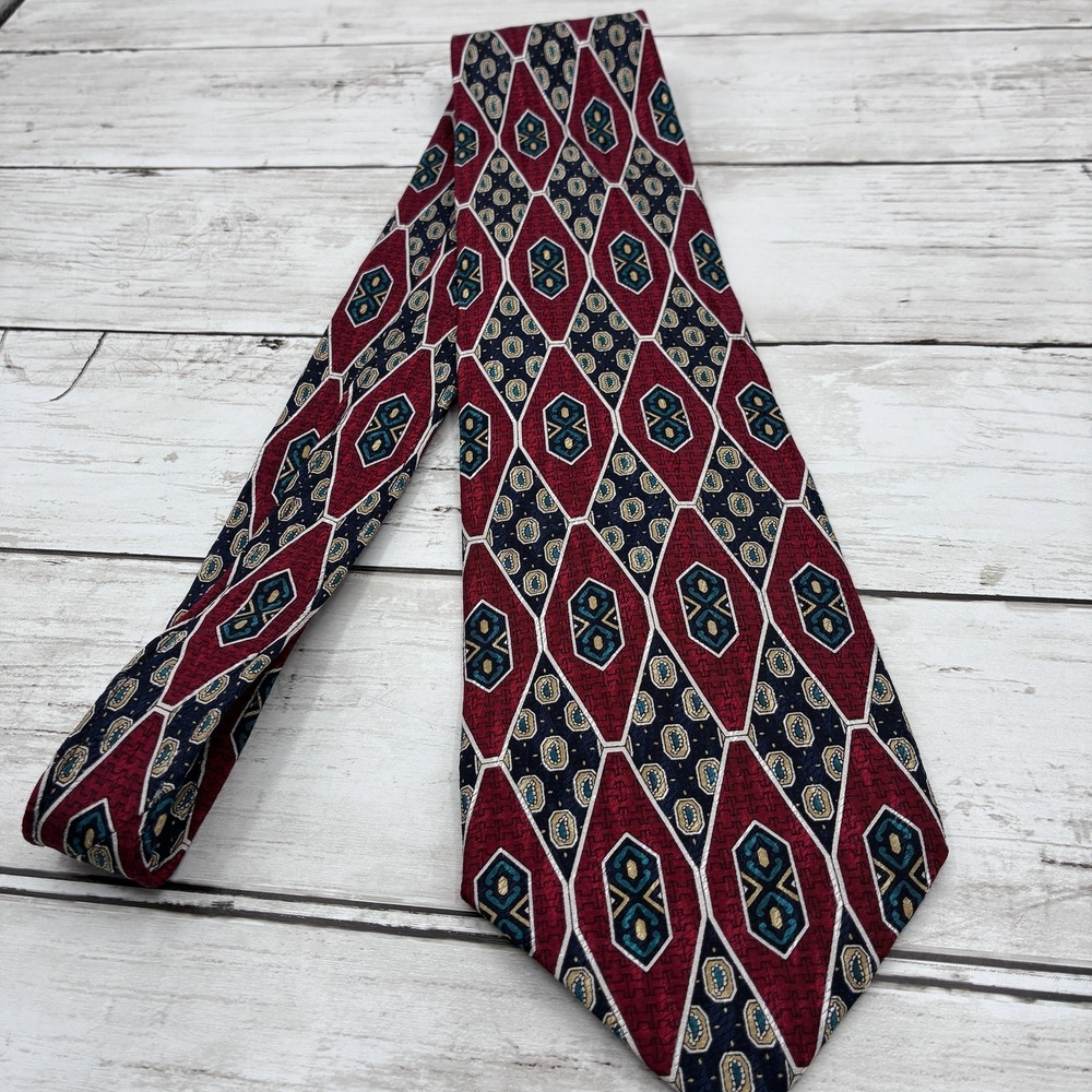Stafford Executive Men's 100% Silk Tie Red Navy Blue Gold Geometric Pattern